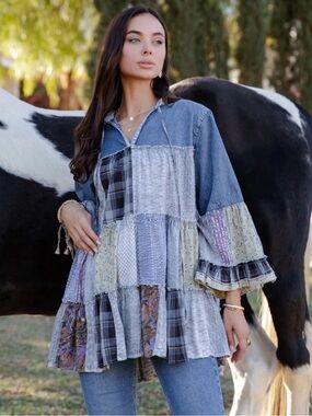 K152 Young Threads Women’s Boho Patchwork Ruffle Pullover Denim Multi-color NWT